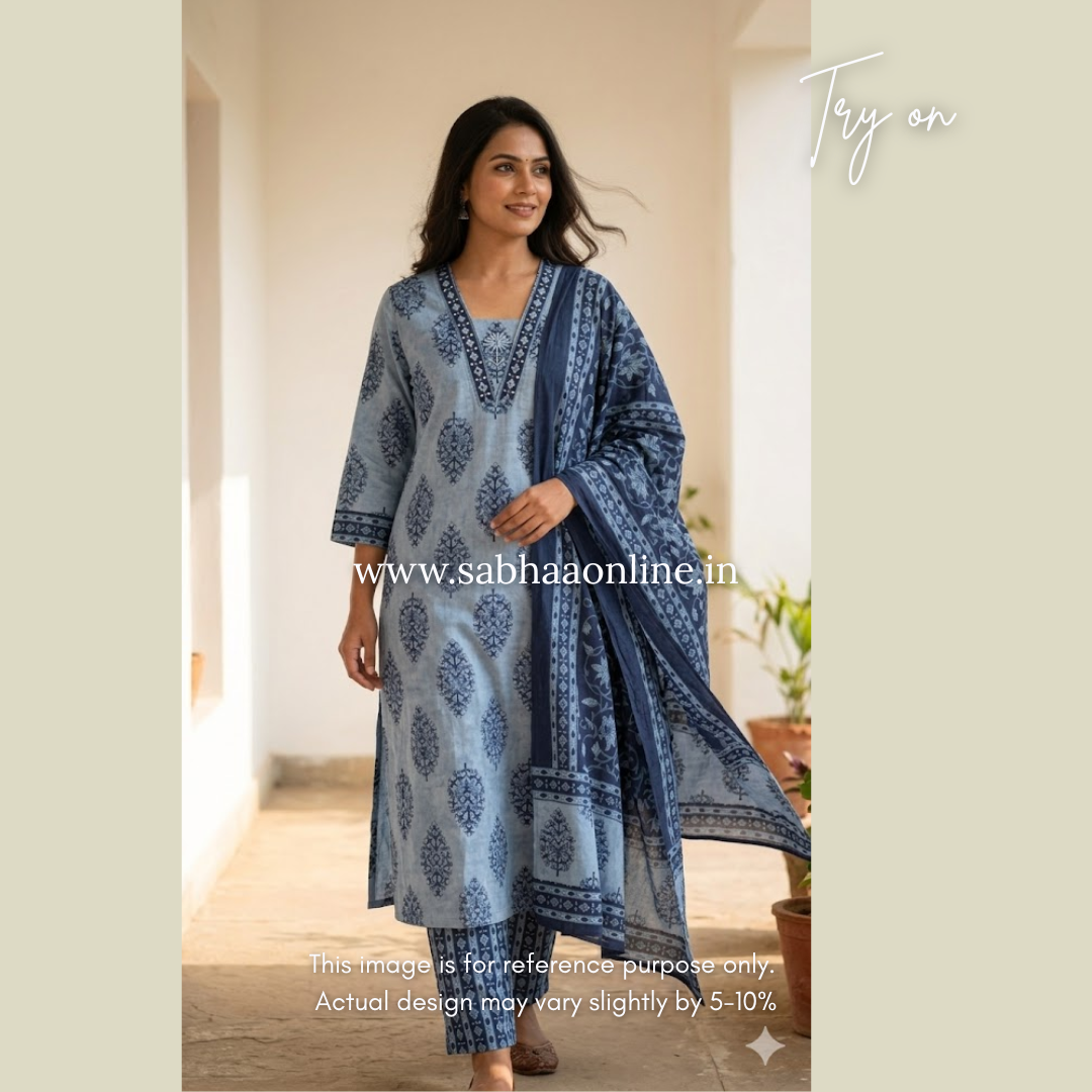 Virha - Ruddy blue and Navy blue Cotton kurti 3pc set - LN 57