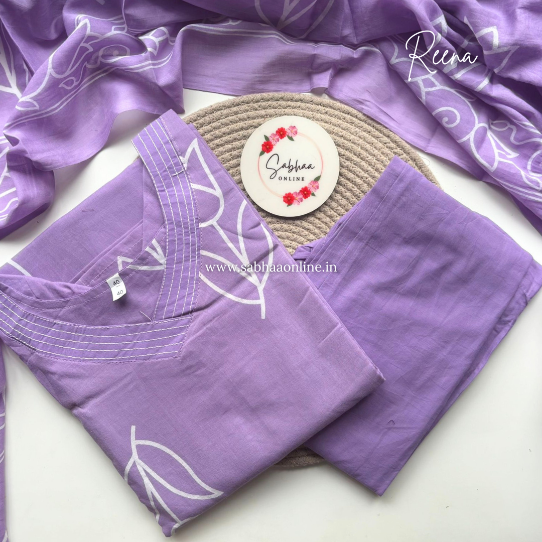 Reena - Lavendar Tulip Cotton kurti 3pc set with lining - LN 55