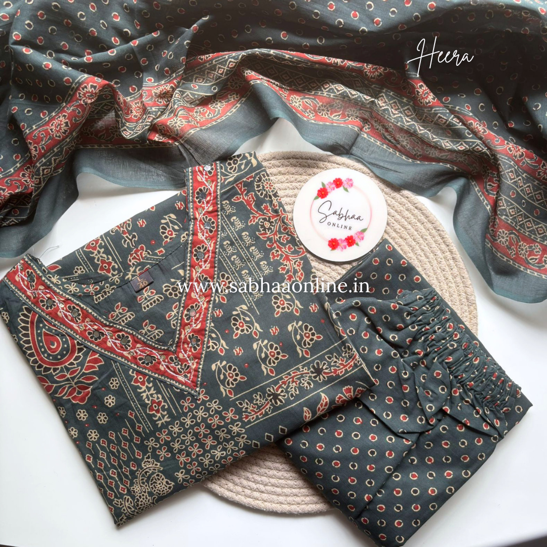 Heera - Phthalo Green Ajrakh Cotton kurti 3pc set - LN 57