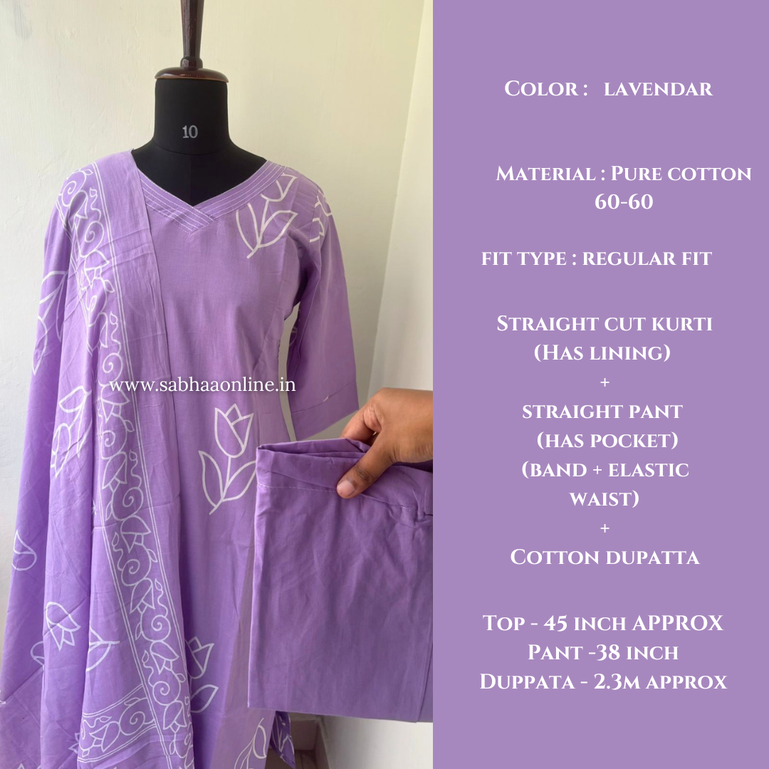 Reena - Lavendar Tulip Cotton kurti 3pc set with lining - LN 55