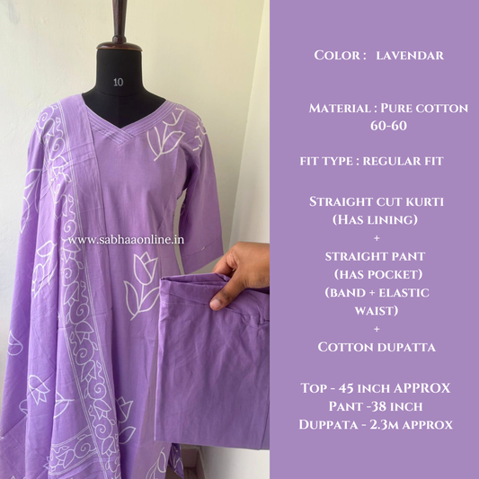 Reena - Lavendar Tulip Cotton kurti 3pc set with lining - LN 55