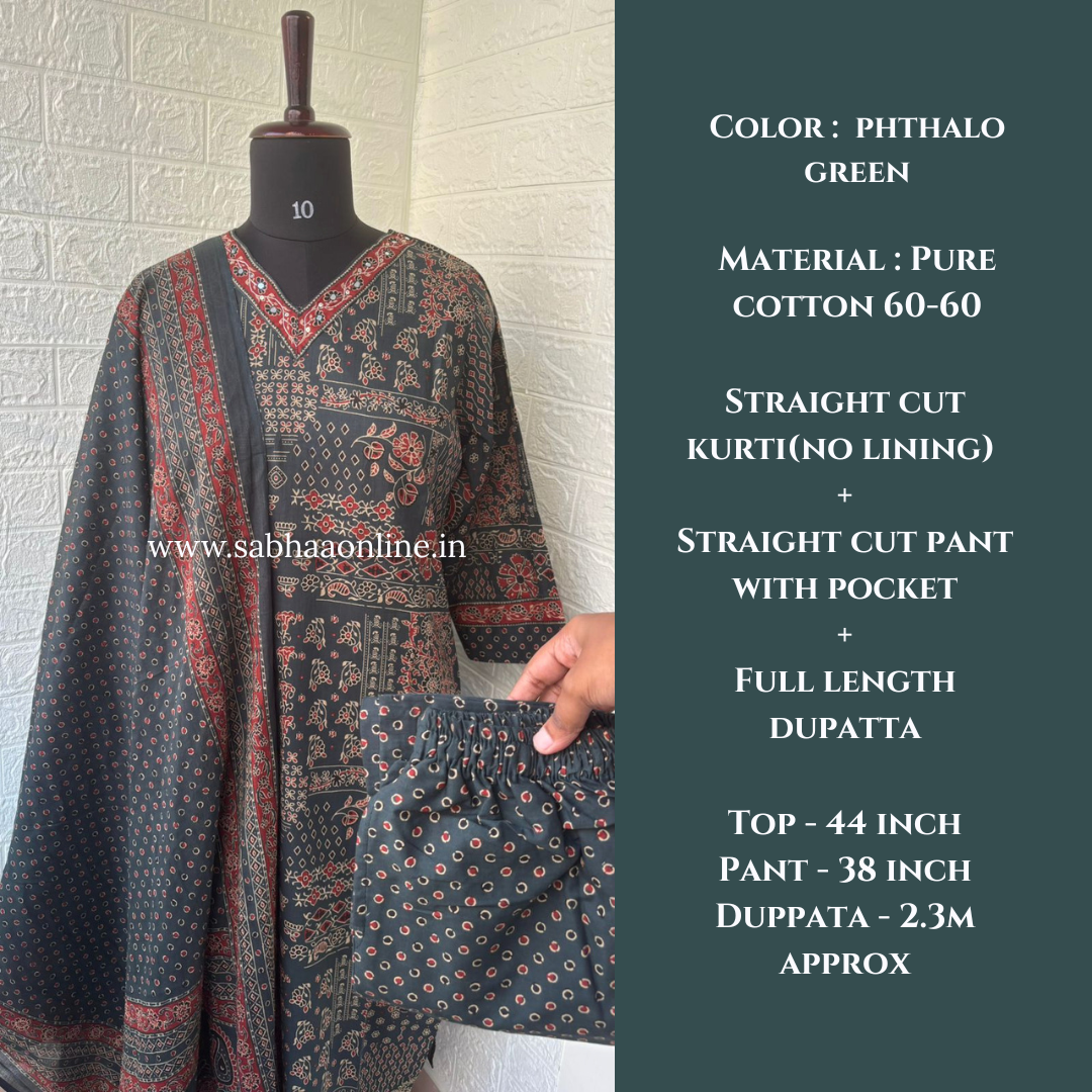 Heera - Phthalo Green Ajrakh Cotton kurti 3pc set - LN 57