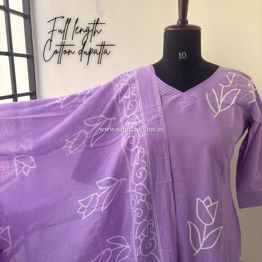 Reena - Lavendar Tulip Cotton kurti 3pc set with lining - LN 55