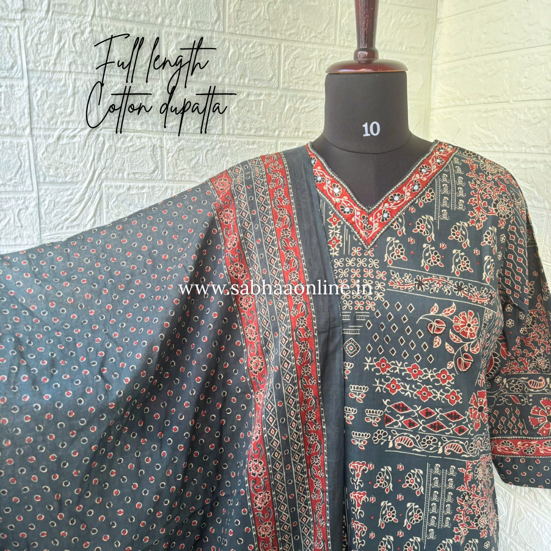 Heera - Phthalo Green Ajrakh Cotton kurti 3pc set - LN 57