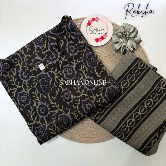 Raksha- Black Cotton Kurti pant set with lining (Only in Size 2XL 44)