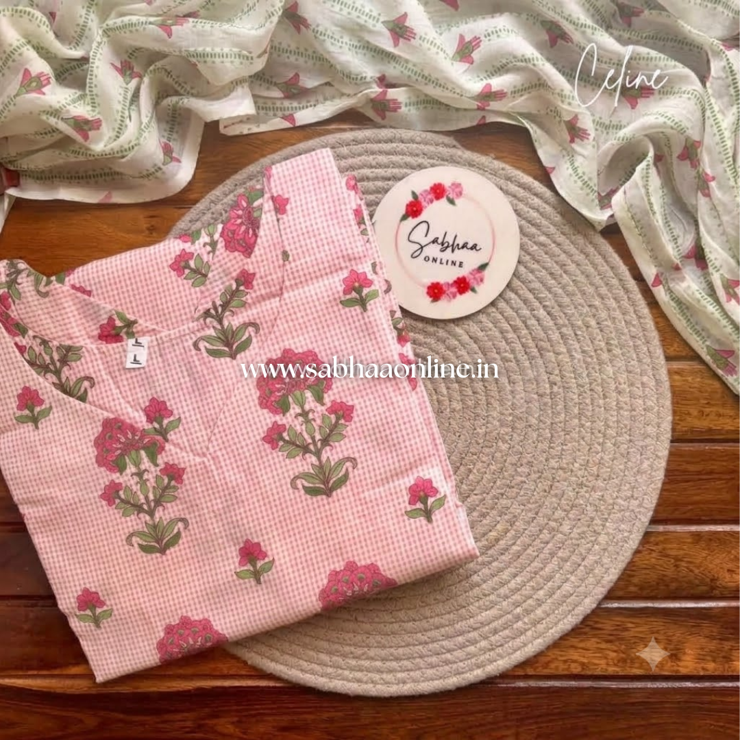 Celine - Pink checkered floral Cotton kurti with lining and dupatta (Size L only) - LN 70