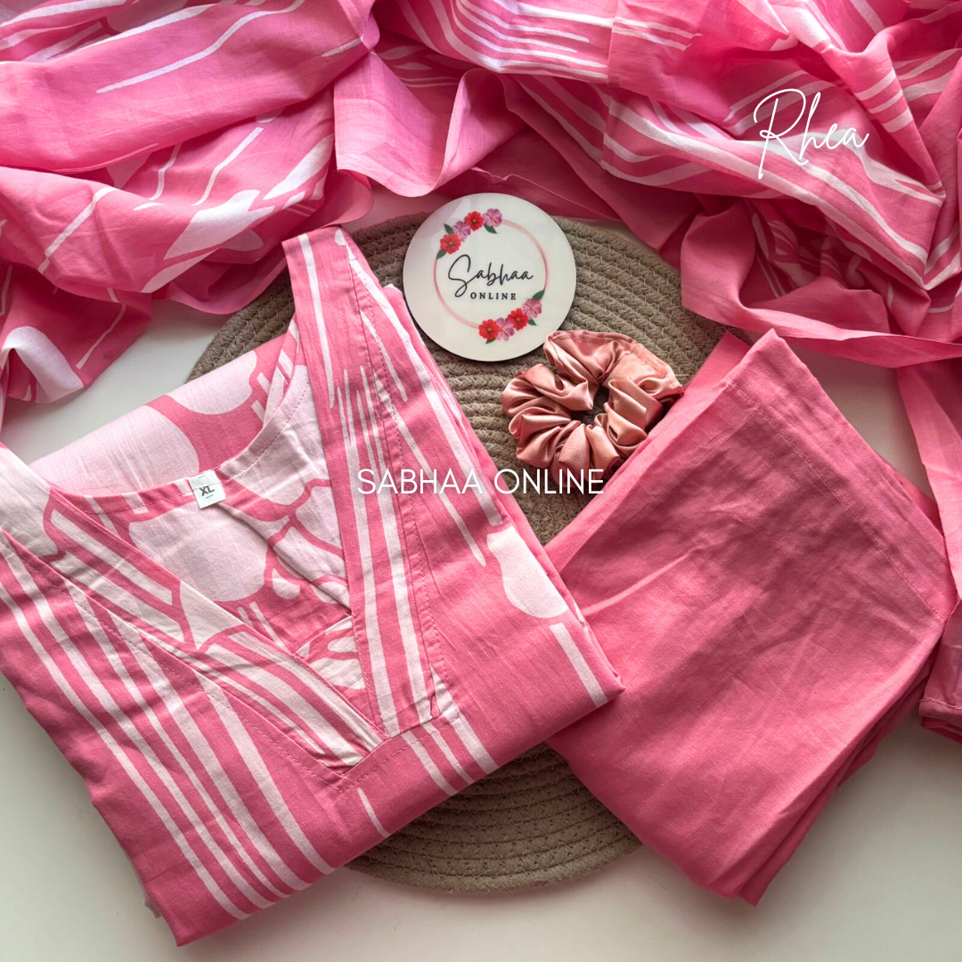 Rhea - Pink and white Cotton kurti 3pc set with lining - LN 11