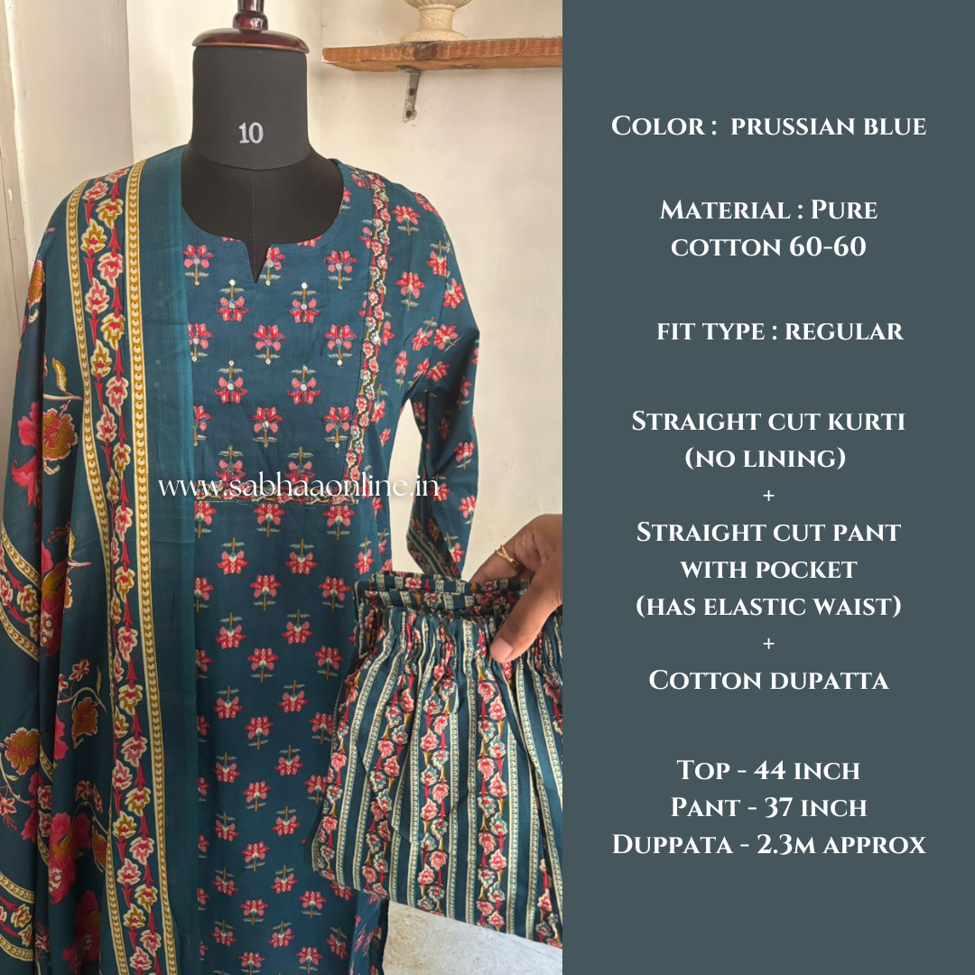 Ruhita - Prussian Blue Cotton kurti 3pc set - LN23