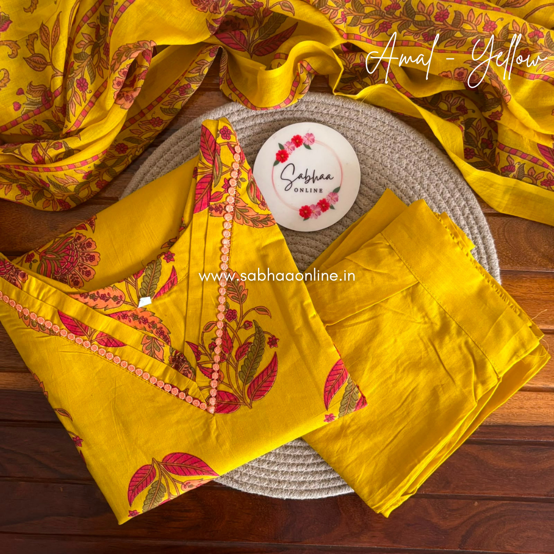 Amal - Mustard/Mango Yellow Cotton kurti 3px set with lining - LN 66