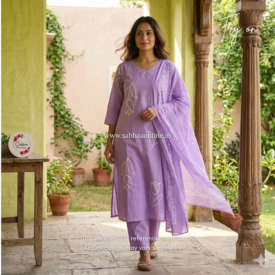 Reena - Lavendar Tulip Cotton kurti 3pc set with lining - LN 55