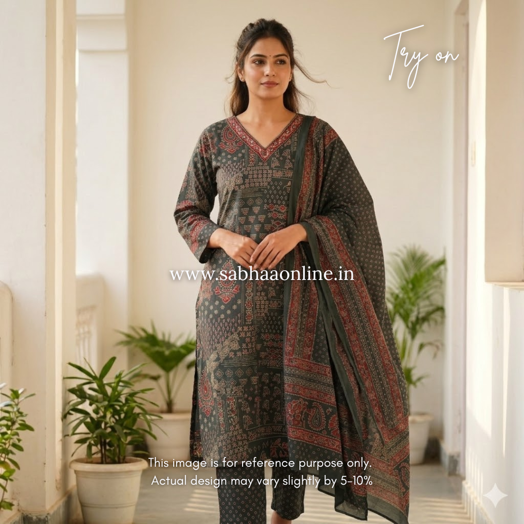 Heera - Phthalo Green Ajrakh Cotton kurti 3pc set - LN 57