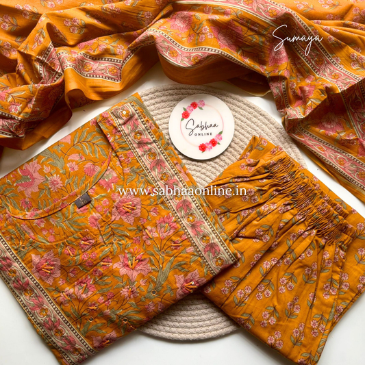 Sumaya - Ochre/Orangish yellow Cotton kurti 3pc set - LN 57