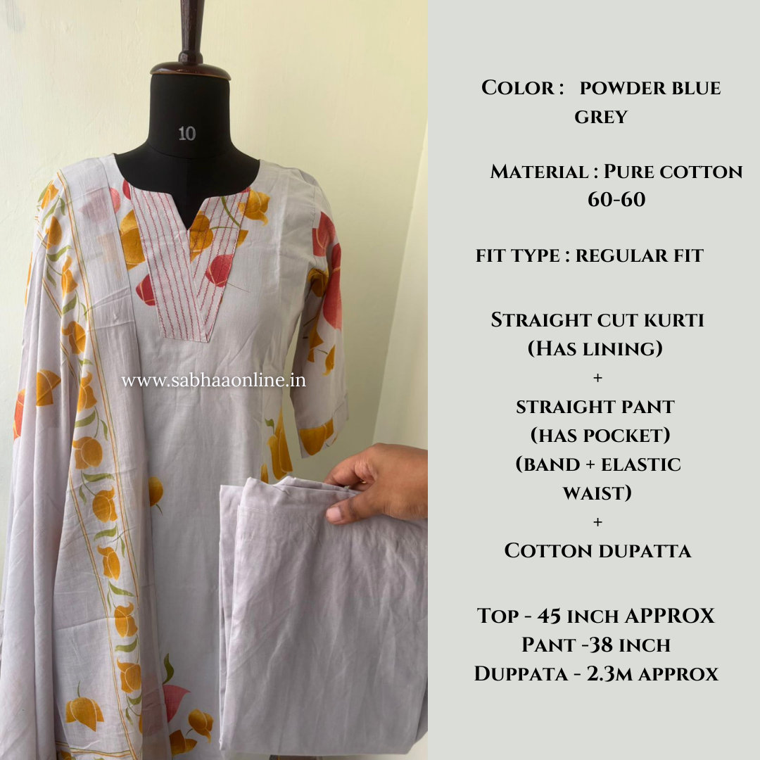 Joel - Powder Blue Grey Cotton kurti 3pc set with lining - LN 55