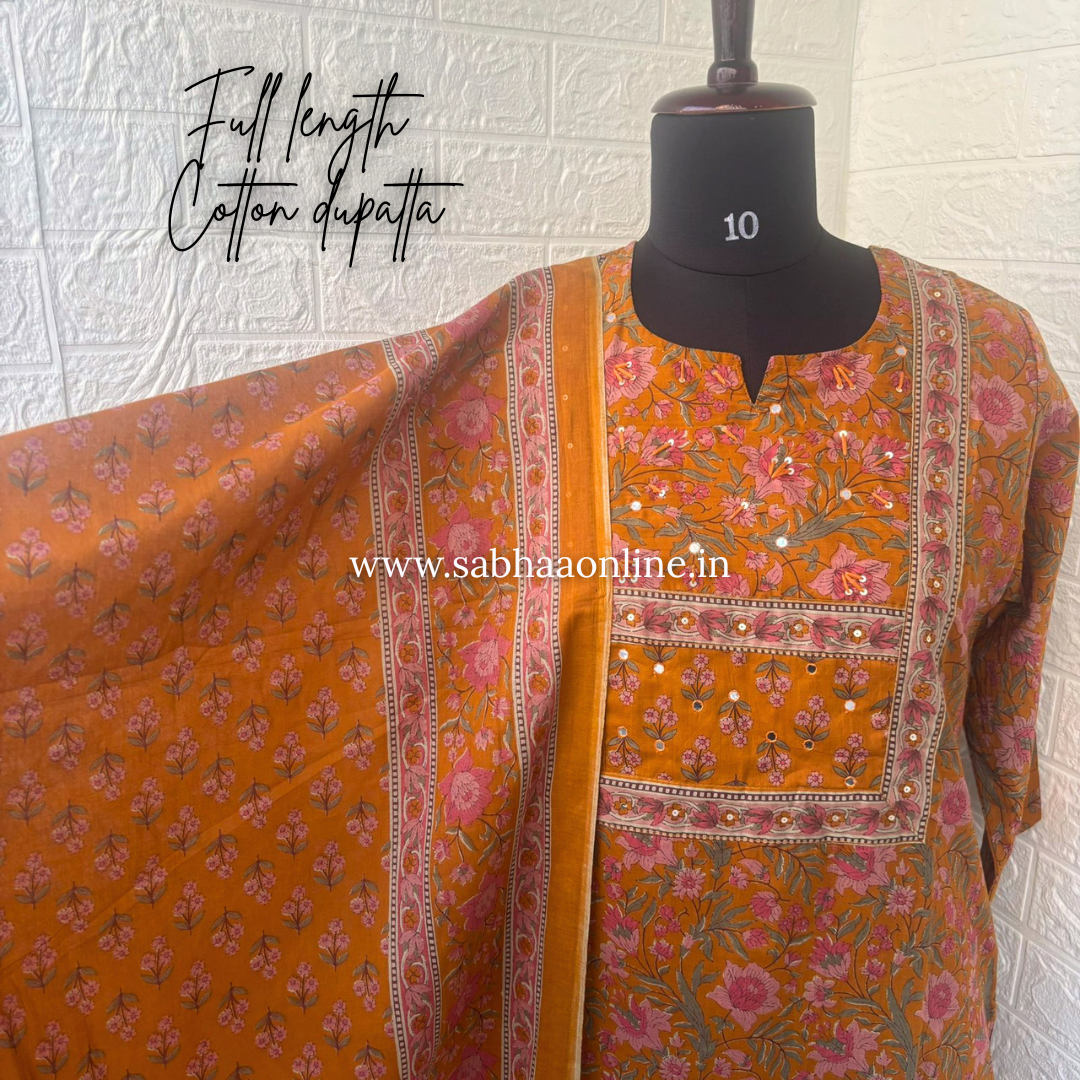 Sumaya - Ochre/Orangish yellow Cotton kurti 3pc set - LN 57