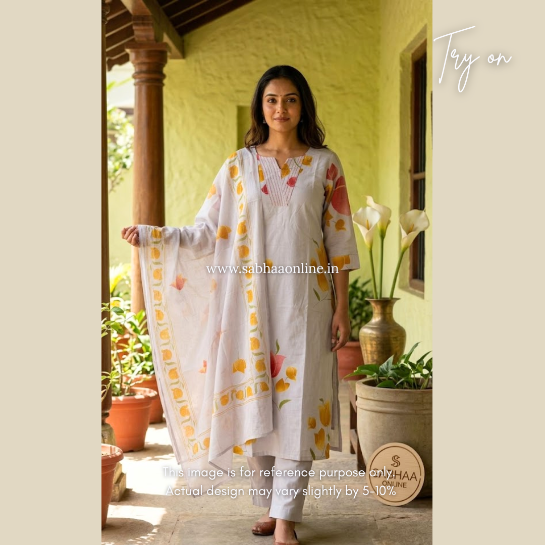 Joel - Powder Blue Grey Cotton kurti 3pc set with lining - LN 55