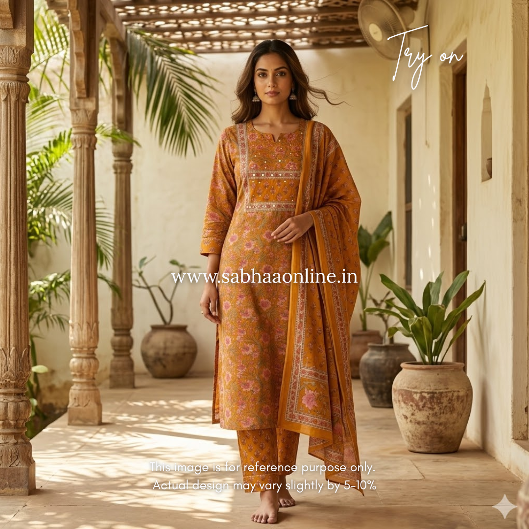 Sumaya - Ochre/Orangish yellow Cotton kurti 3pc set - LN 57