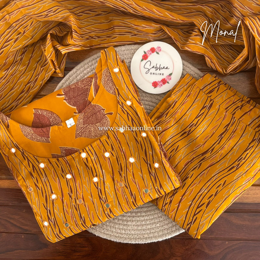 Monal - Ochre Yellow Cotton kurti 3pc set with lining - LN 58