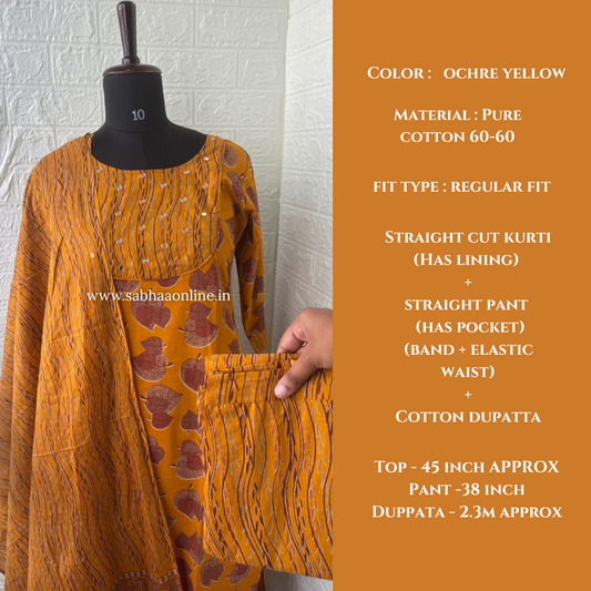 Monal - Ochre Yellow Cotton kurti 3pc set with lining - LN 58