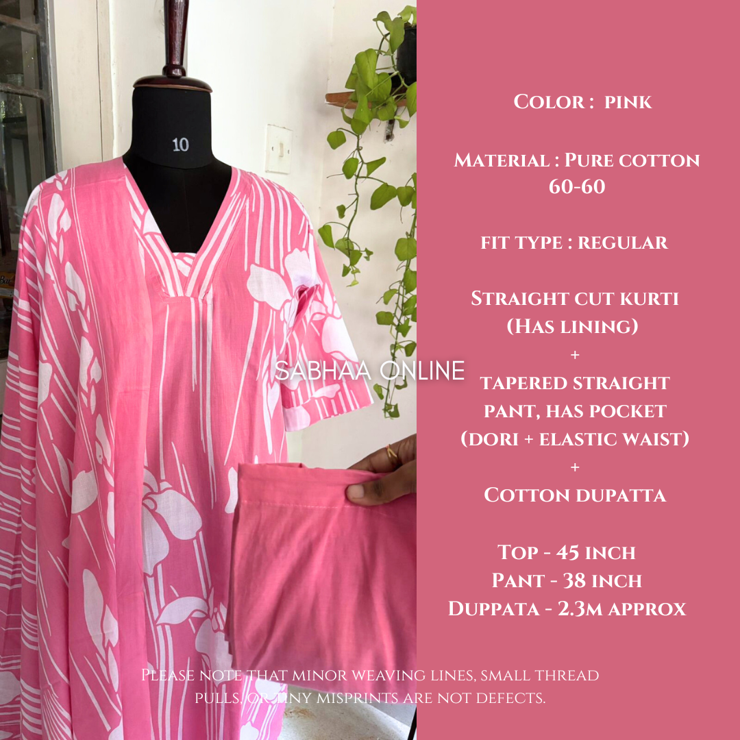 Rhea - Pink and white Cotton kurti 3pc set with lining - LN 11
