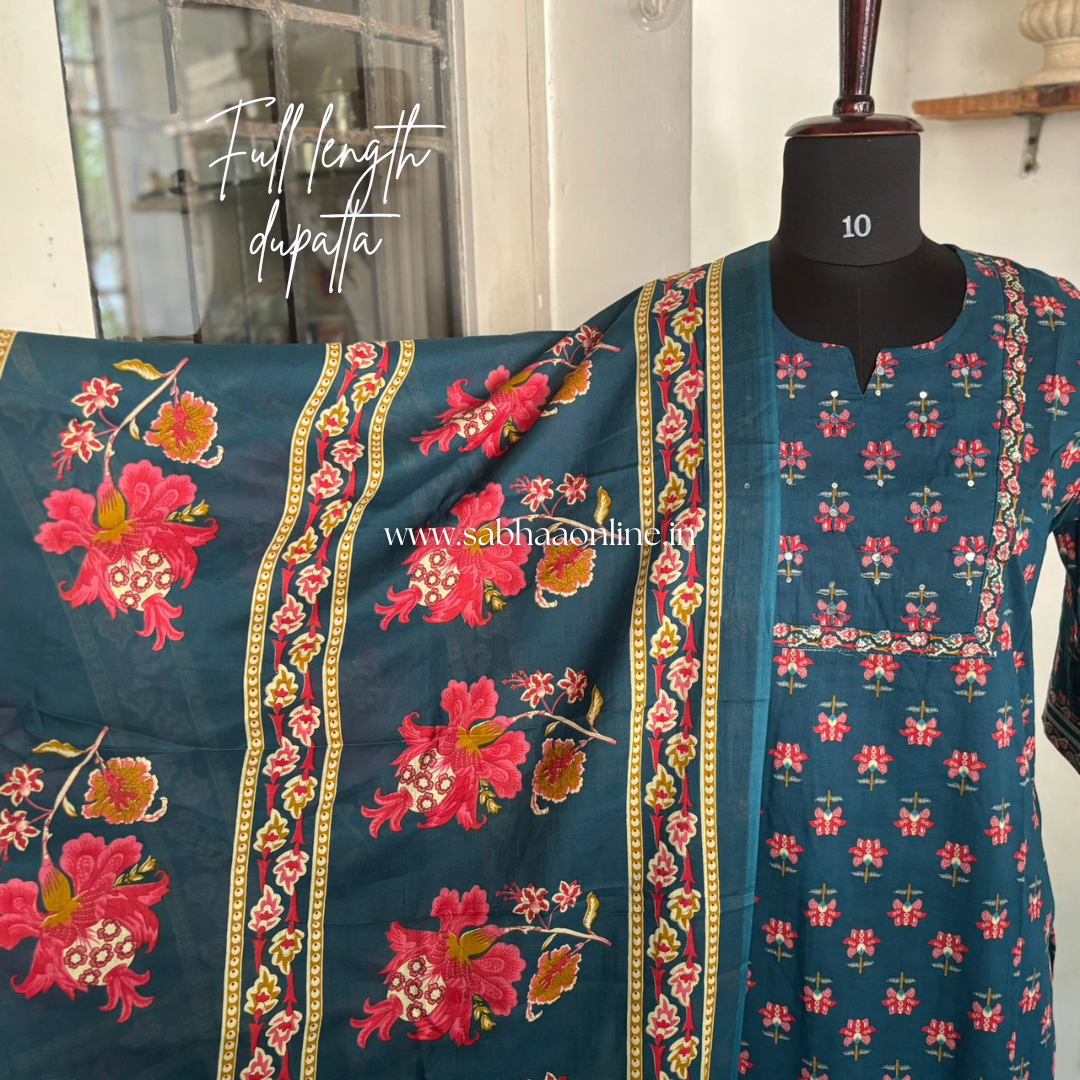 Ruhita - Prussian Blue Cotton kurti 3pc set - LN23