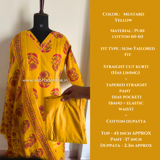 Amal - Mustard/Mango Yellow Cotton kurti 3px set with lining - LN 66