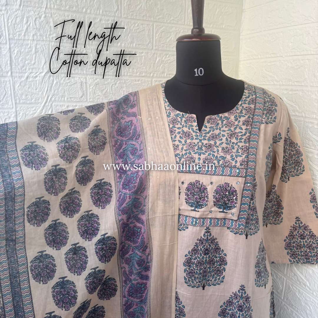 Noorah - Beige and Lavendar Purple Cotton Kurti 3pc set - LN 57