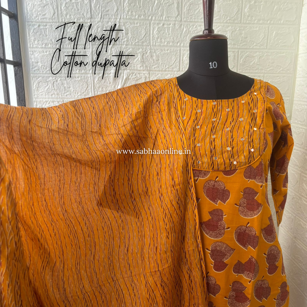 Monal - Ochre Yellow Cotton kurti 3pc set with lining - LN 58