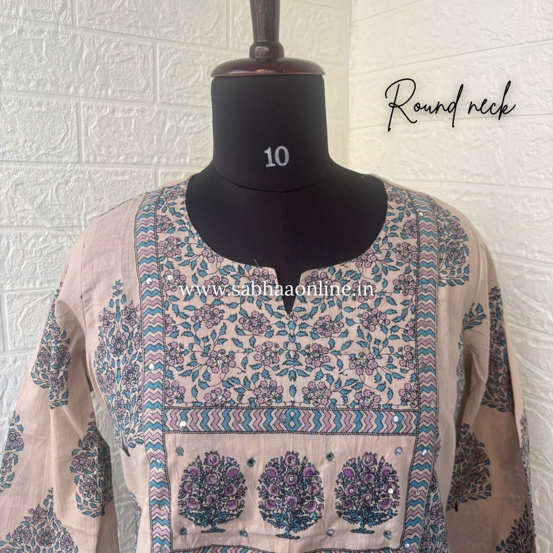 Noorah - Beige and Lavendar Purple Cotton Kurti 3pc set - LN 57