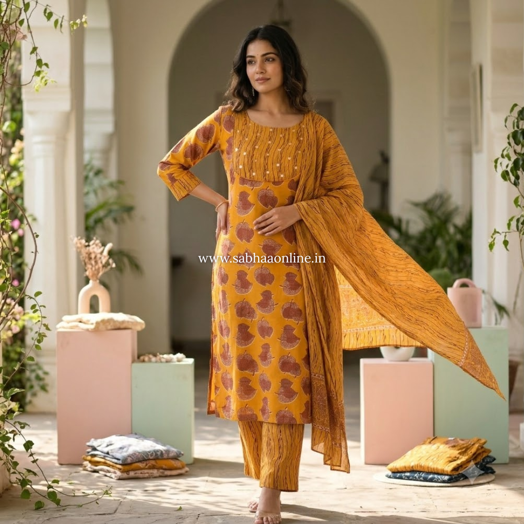 Monal - Ochre Yellow Cotton kurti 3pc set with lining - LN 58