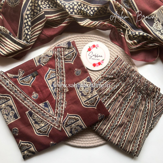 Aalam - Brown Cotton kurti 3pc set - LN 57