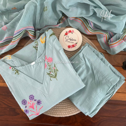 Idah - Ice Blue Cotton kurti 3pc set with lining - LN 58