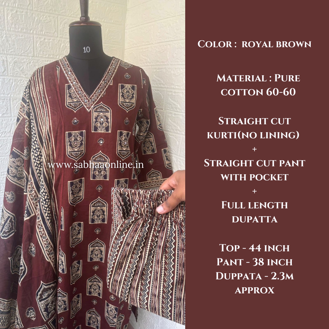 Aalam - Brown Cotton kurti 3pc set - LN 57