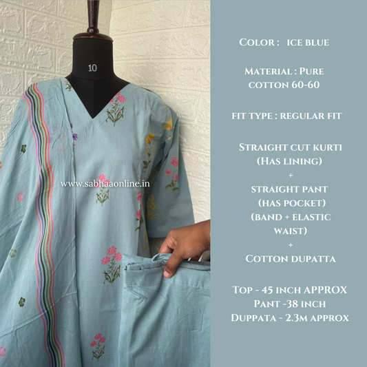 Idah - Ice Blue Cotton kurti 3pc set with lining - LN 58