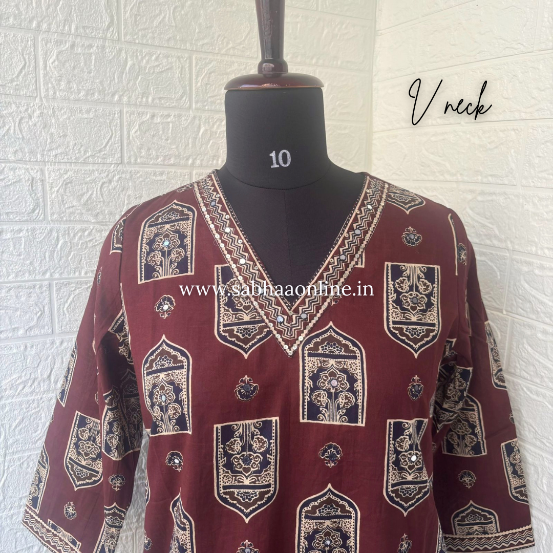 Aalam - Brown Cotton kurti 3pc set - LN 57
