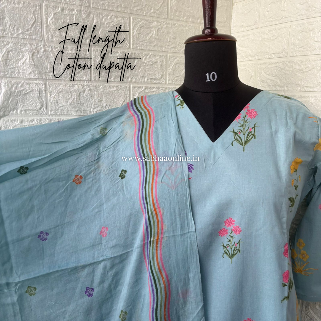 Idah - Ice Blue Cotton kurti 3pc set with lining - LN 58