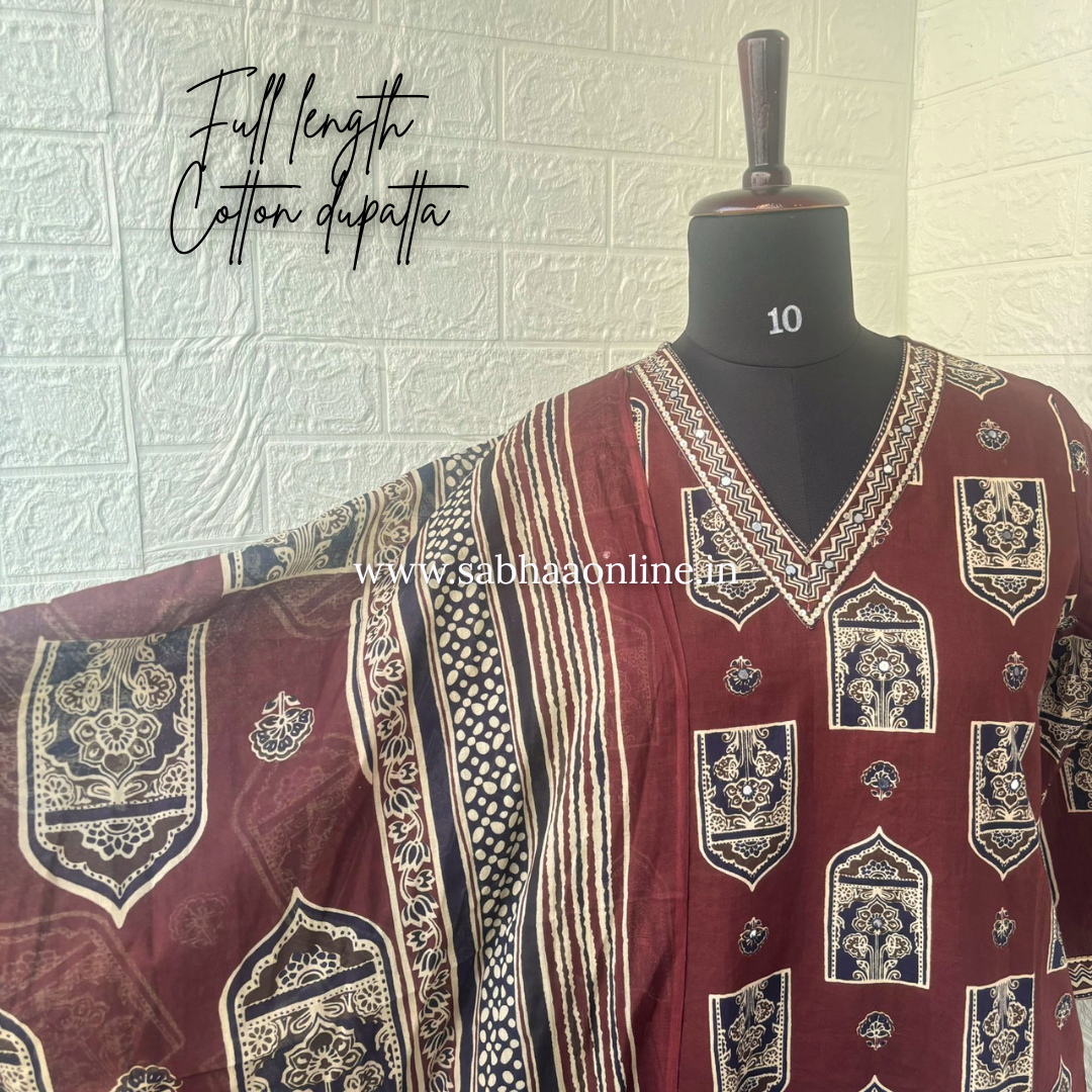 Aalam - Brown Cotton kurti 3pc set - LN 57