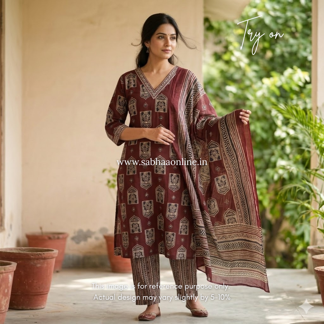 Aalam - Brown Cotton kurti 3pc set - LN 57