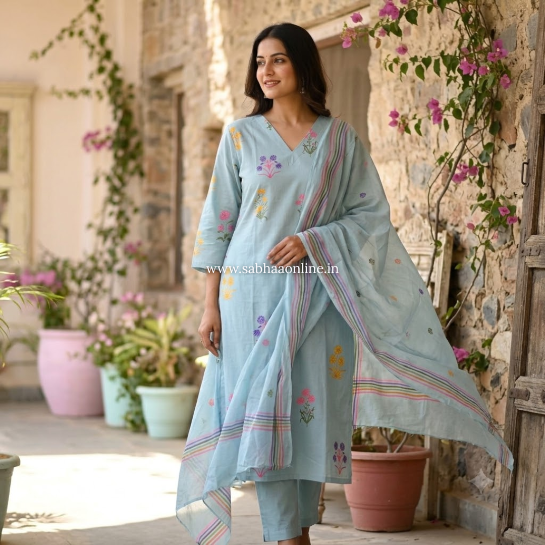 Idah - Ice Blue Cotton kurti 3pc set with lining - LN 58