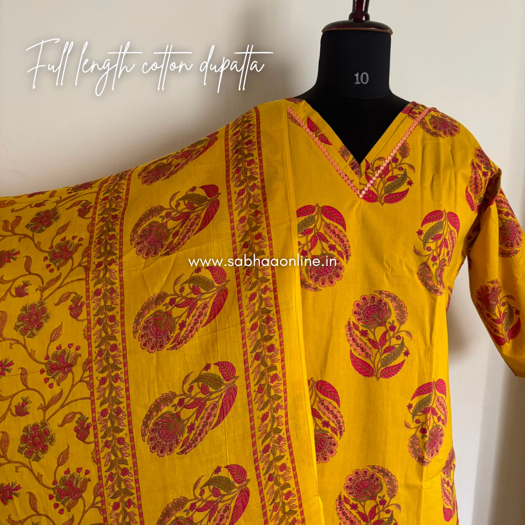 Amal - Mustard/Mango Yellow Cotton kurti 3px set with lining - LN 66