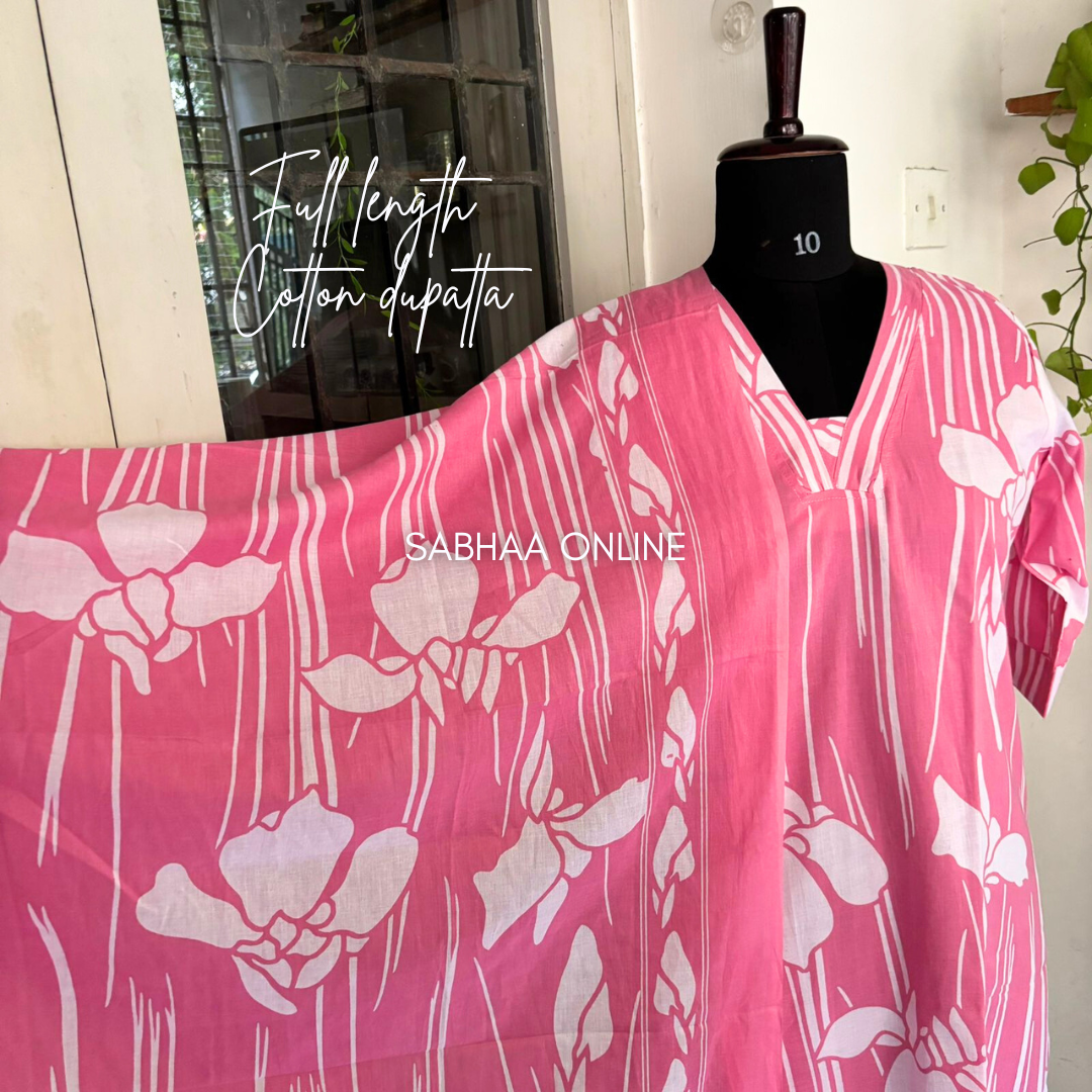 Rhea - Pink and white Cotton kurti 3pc set with lining - LN 11