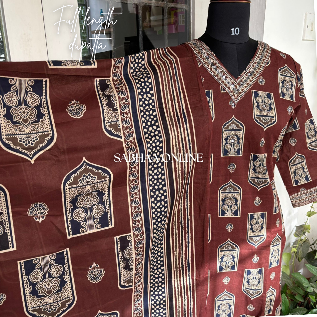 Aalam - Deep Brown Cotton Kurti 3pc set