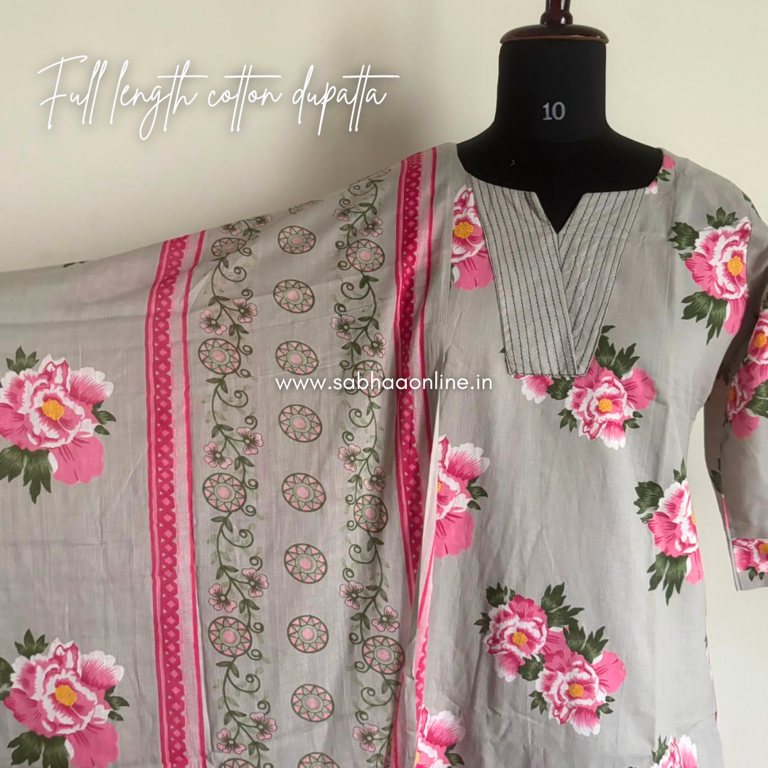 Malaviya - Muted Olive green Cotton kurti 3pc set with lining - LN 65