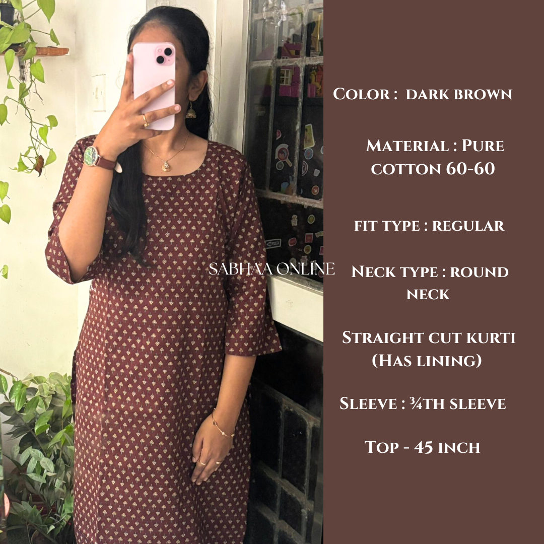 Sara - Dark Coffee Cotton Kurti with lining (Size XL 42 only)