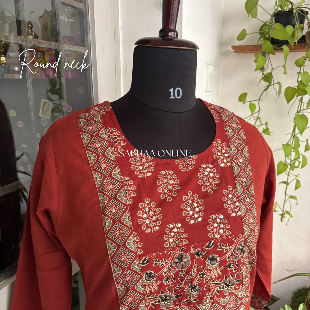 Rana - Brick red Solid + Ajrak printed Cotton Kurti 3pc set