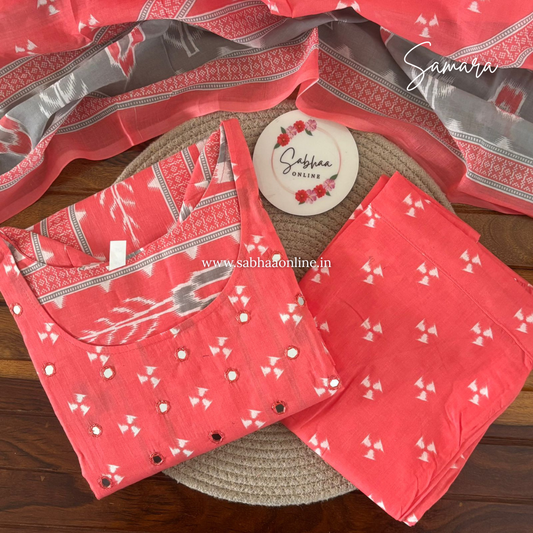 Samara - Salmon Pink and grey ikkat cotton kurti 3pc set with lining - LN 58