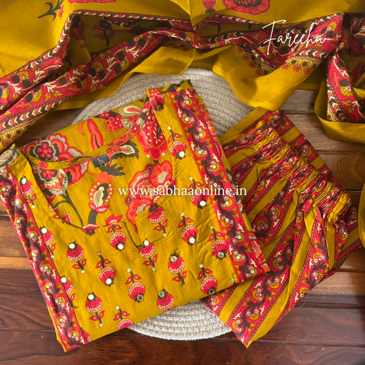 Fareeha - Mustard yellow floral Cotton kurti 3pc set - LN 61