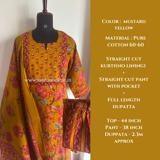 Fareeha - Mustard yellow floral Cotton kurti 3pc set - LN 61