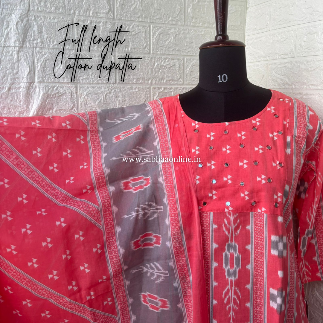 Samara - Salmon Pink and grey ikkat cotton kurti 3pc set with lining - LN 58