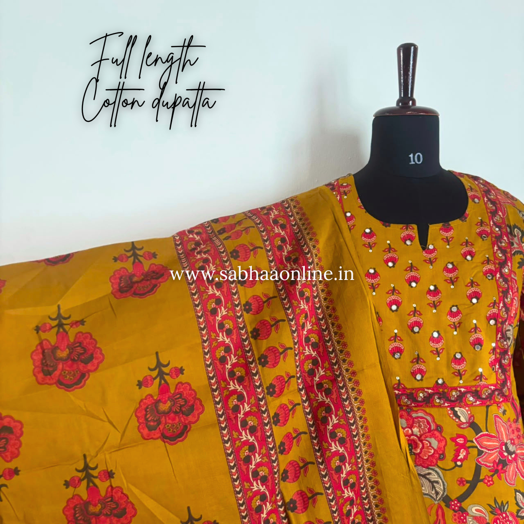 Fareeha - Mustard yellow floral Cotton kurti 3pc set - LN 61