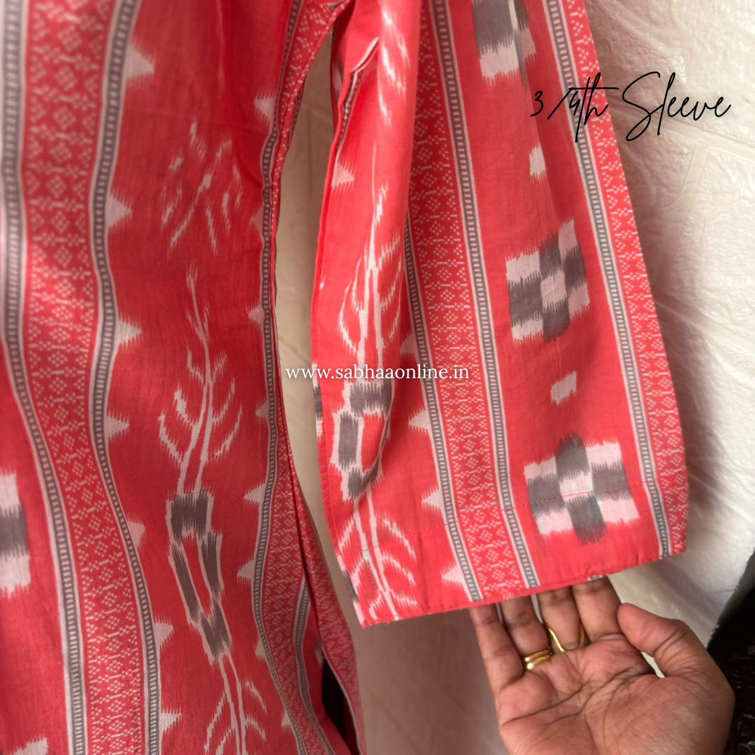 Samara - Salmon Pink and grey ikkat cotton kurti 3pc set with lining - LN 58